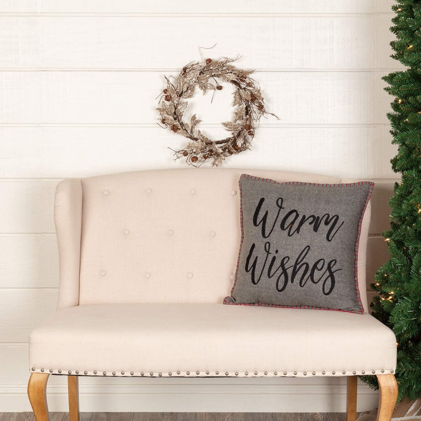 VHC Brands Anderson Warm Wishes Text Textured Felt Rustic Christmas Decor Embroidered Whipstitch Square 18x18 Filled Pillow, Cherry Red