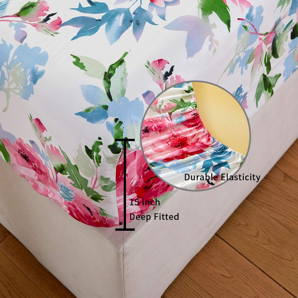 JSD Watercolor Rose Floral Sheet Set Queen Size, 4 Piece Soft Printed Microfiber Sheets Extra Deep Pocket