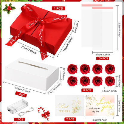Resholder Money Pull Box for Cash Gift Birthday Money Pull out Gifts with 8 Rose 2 Greeting Card 1 Light String for Mom Husband Wife Anniversary Christmas(Red)