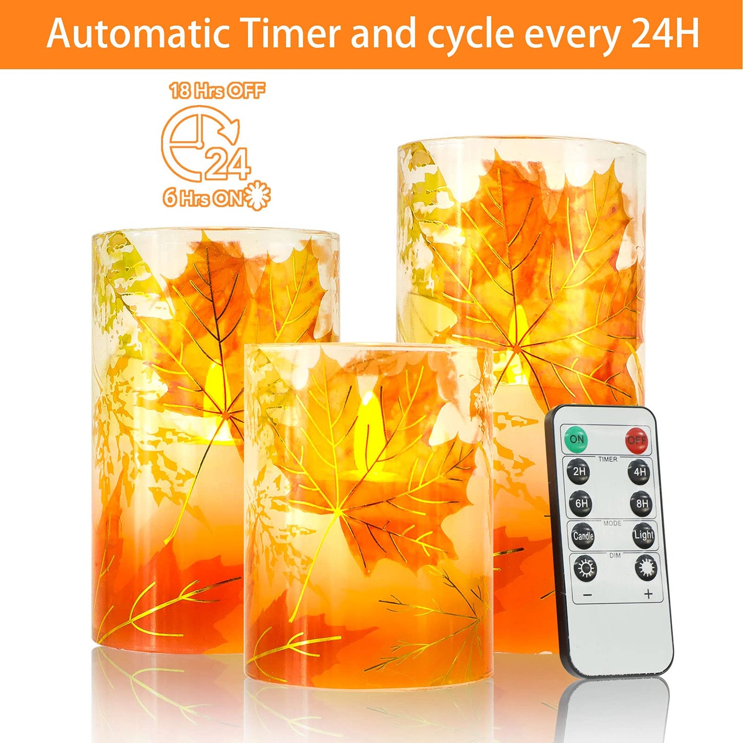 PETRISTRIKE Fall Flameless Candles, Autumn Maple Leaf Led Candles with Remote & Timer, Realistic Flickering Real Wax Candles for Harvest Festive, Thanksgiving Day, Party Decorations