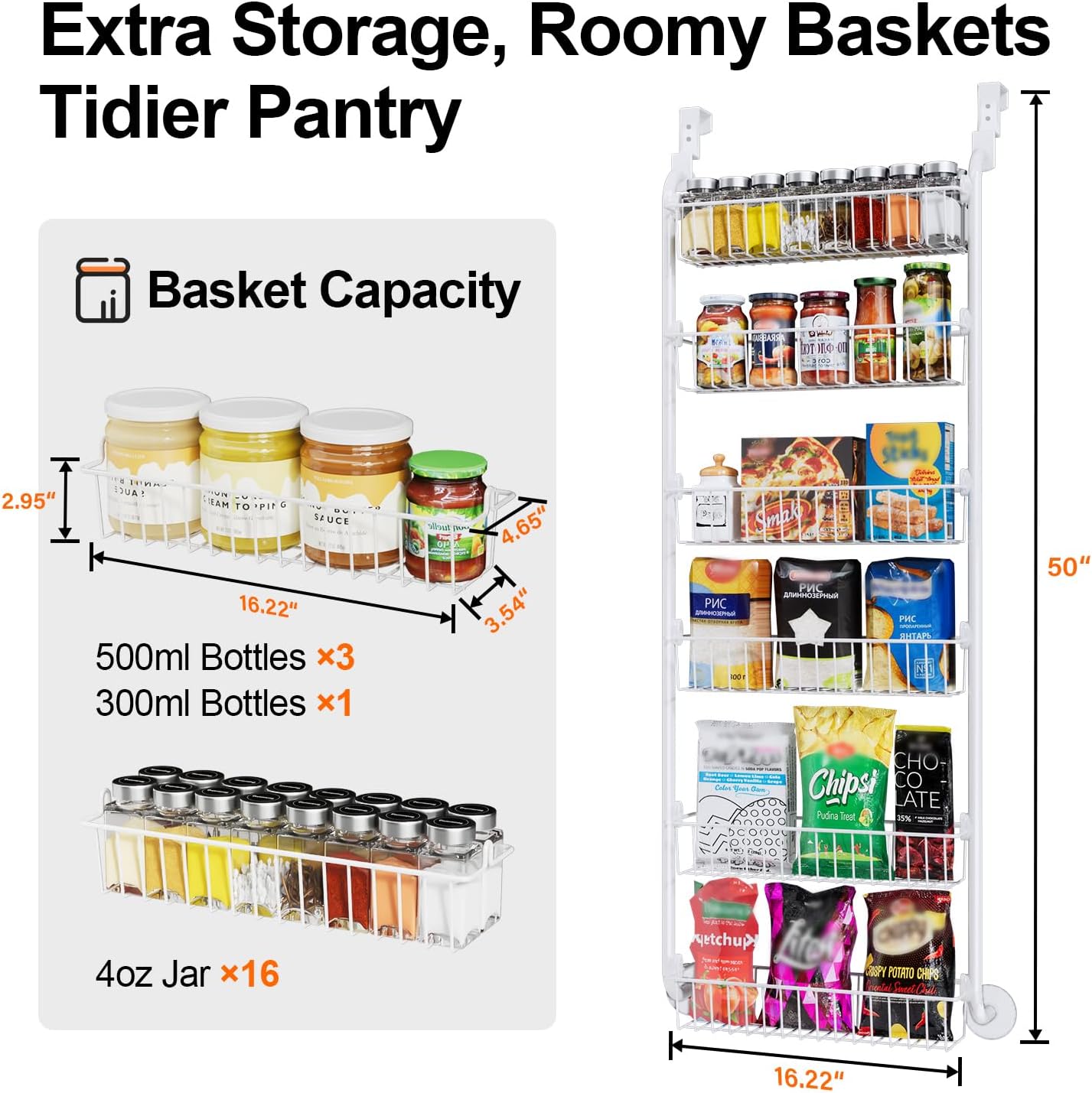 Delamu Over the Door Pantry Organizer, 6-Tier Pantry Organizers and Storage, Metal Cabinet Door Organizer, Hanging Spice Rack Shelves for Home & Kitchen, D5 x W18 x H50 inch, White