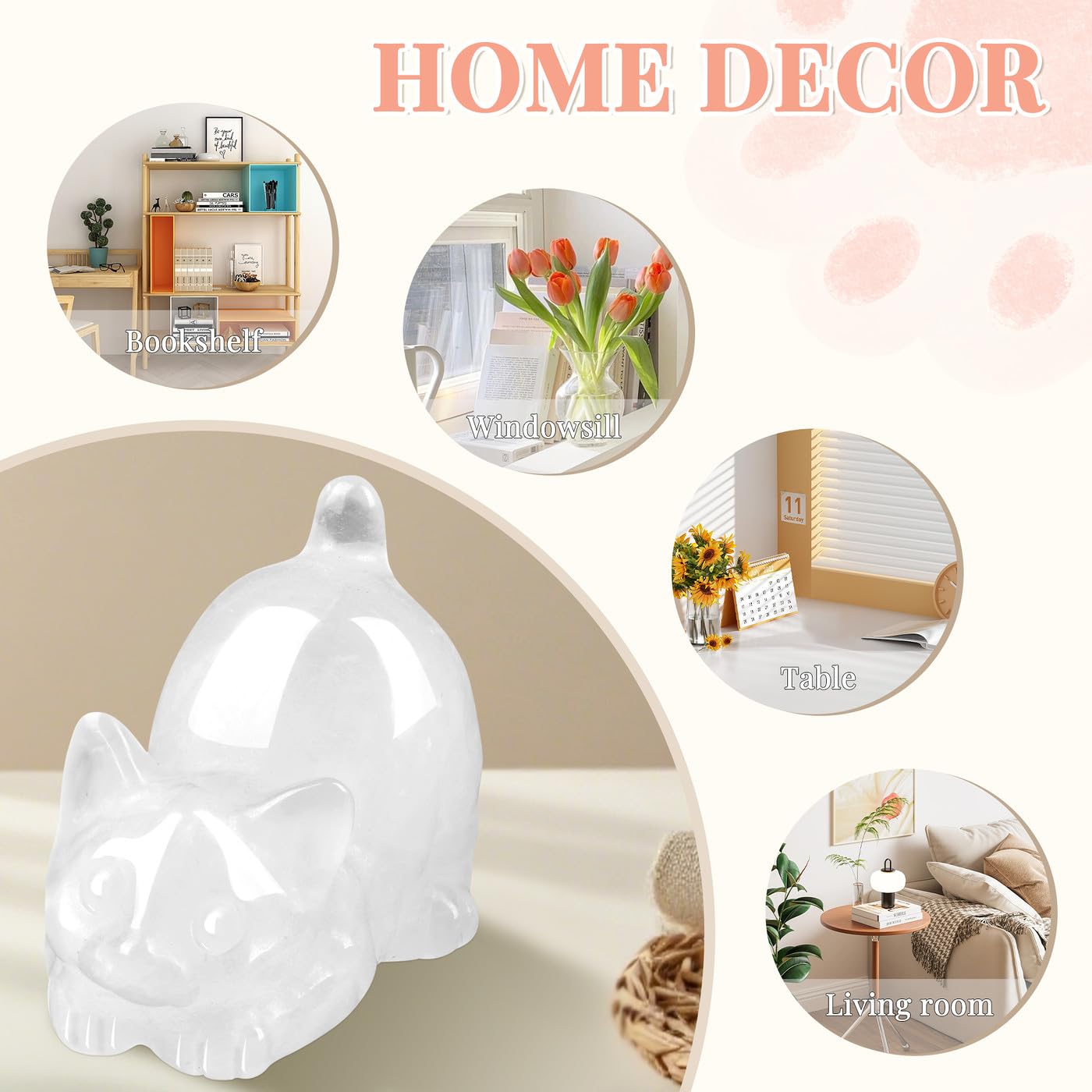 ZHIYUXI 2" Clear Quartz Cat Figurine Decor Cat Stone Sculpture Crystal Cute Cat Ornament Gifts for Cat Lovers Women Home Room Office Decoration