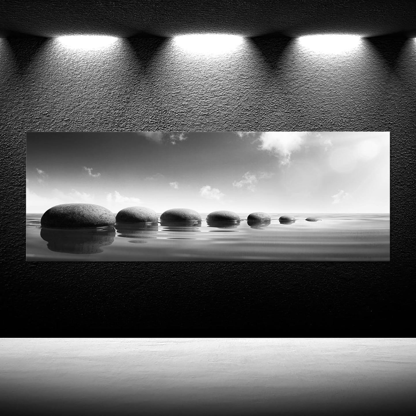 iKNOW FOTO Large Tranquil Zen Stones Canvas Print Monochrome Spa Wall Decor for Home & Office - Serene Nature Artwork for Living Room, Bathroom Mindfulness Black & White Picture 20x55 Inch