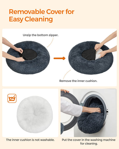 Feandrea Fluffy Dog Bed, Cat Bed, Doughnut Cushion, Washable, Removable Padding in The Centre, Long Plush, 60 cm Diameter, Dark Grey PGW038G02