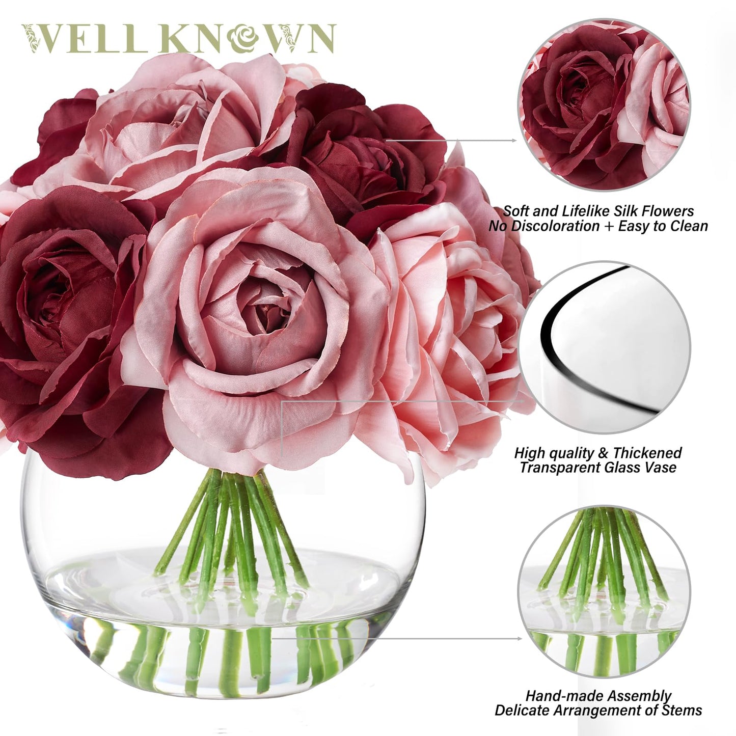 WELL KNOWN Silk Rose Artificial Flowers with Vase, Artificial Rose Flower Arrangement in Round Glass Vase with Faux Water for Home Dining Table Wedding Birthday Party Decor (Burgundy Red & Dusty Rose)