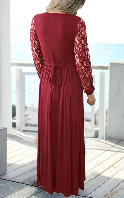 Kranda Christmas Dress Women's Casual Floral Lace Long Sleeve Faux Wrap V Neck Bridesmaid Maxi Dress Wine Red M