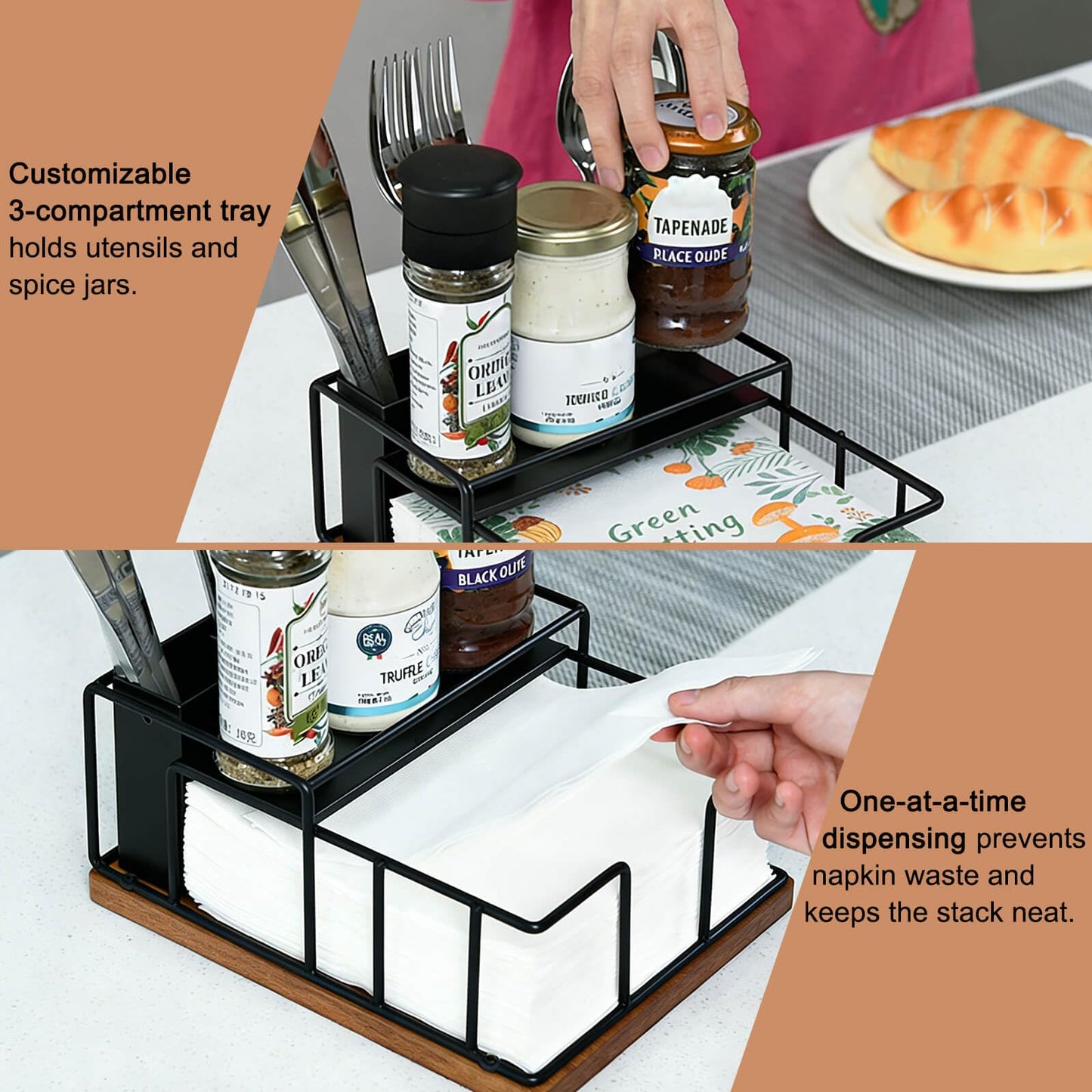 Napkin Holder for Table, Metal Napkin Holder Dispenser with Salt and Pepper Shakers Storage, 3-in-1 Utensil Holder Spice Rack for Kitchen Dining Table Buffet Patio Camping (Black)
