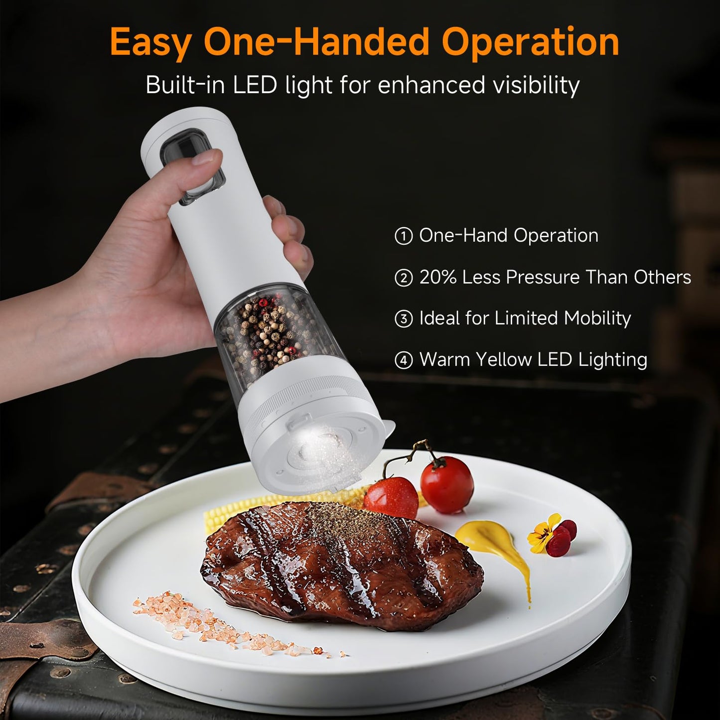Electric Salt and Pepper Grinder Set,2 Pack Rechargeable Automatic Pepper Mill,with Charging Base,5 Level,Display,LED Lighting,Large Capacity,Kitchen Gift (2, White, Charging Base)