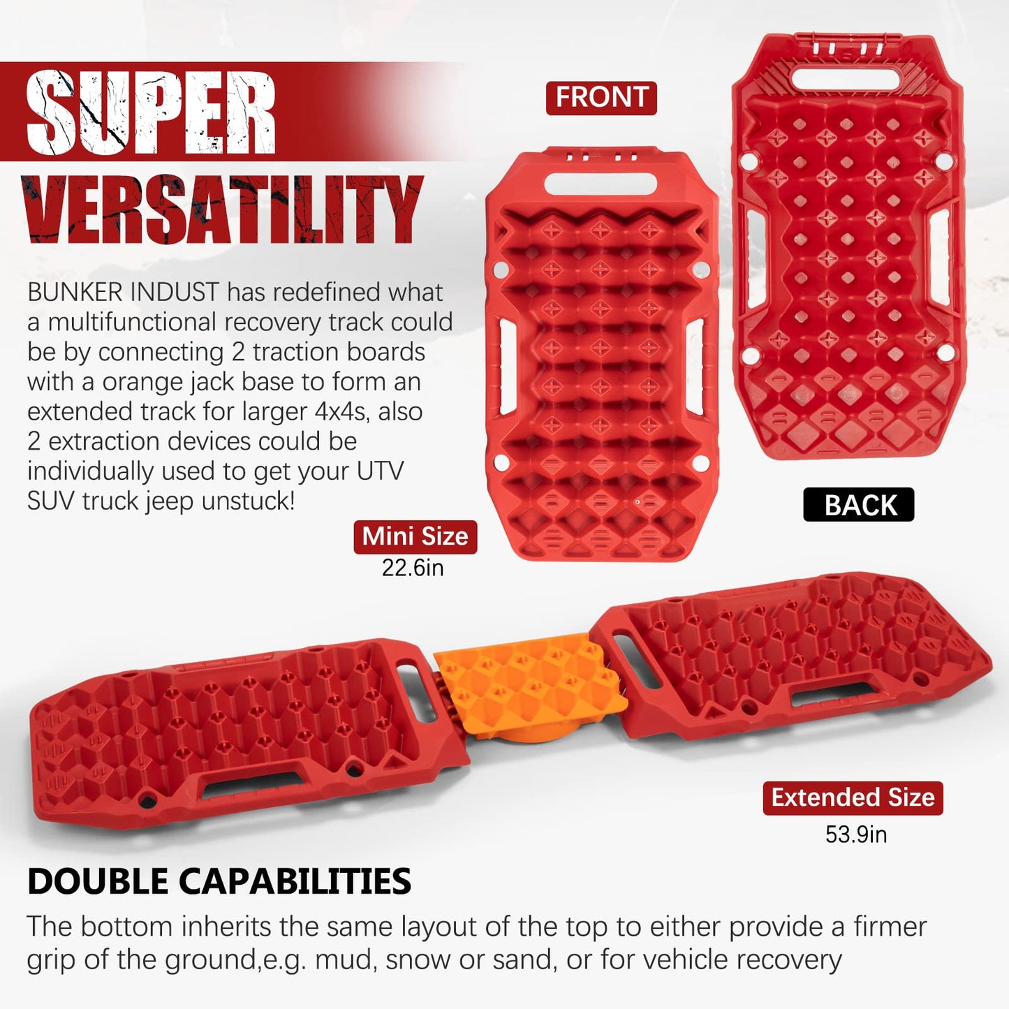 BUNKER INDUST Offroad Traction Boards with Jack Base + 1"×30ft Kinetic Recovery Rope with 2 Soft Shackles Kit