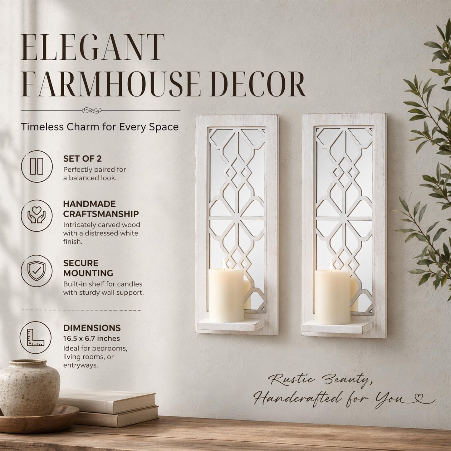 ZEXUIRU 2 Set Rustic Candle Sconces Living Room Bedroom Entryway Wood Mirrored, Farmhouse, Carved Frame Wall-Mount Wooden Candle Holders Wall Decor Hanging Handmade Holder - Distressed White