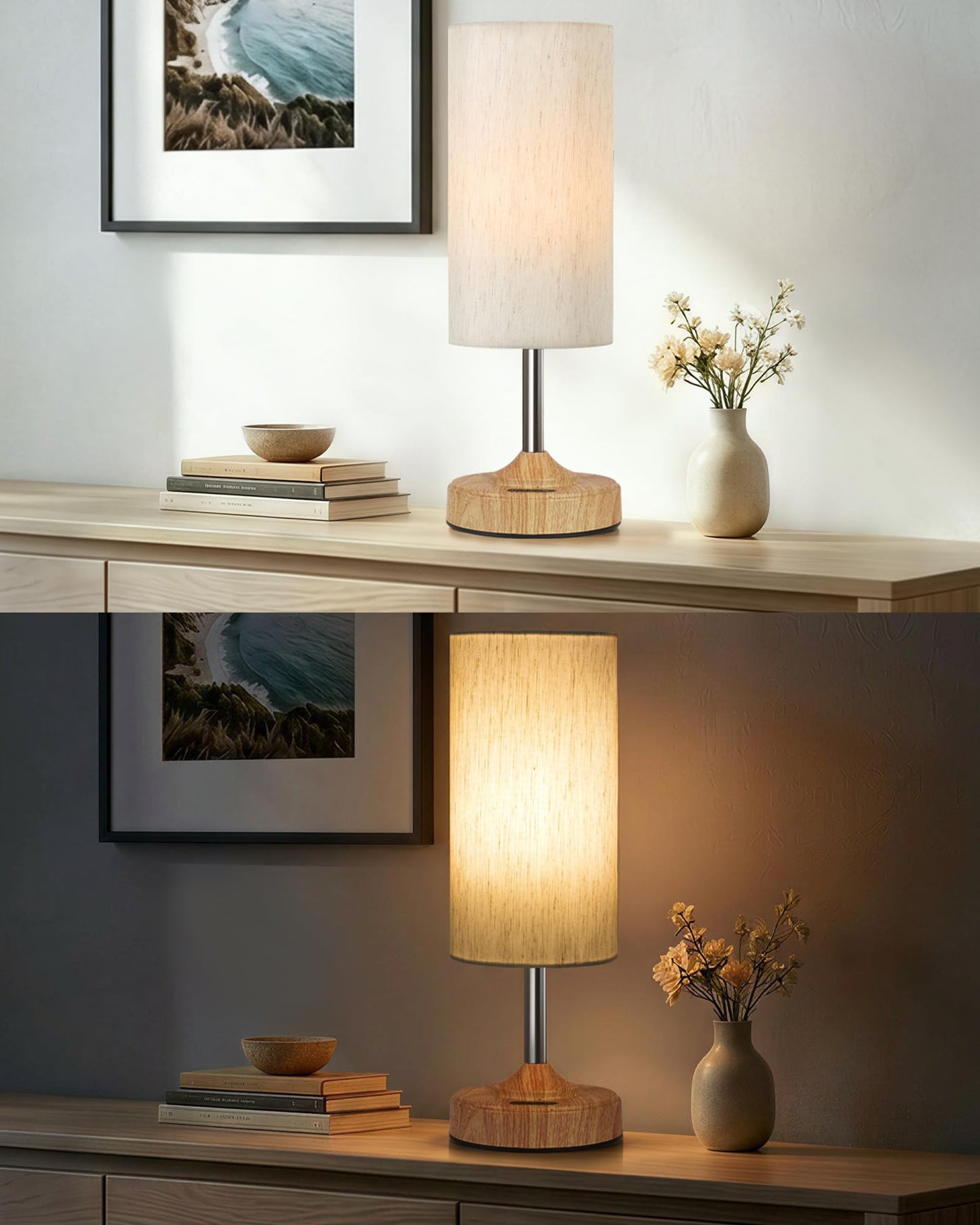 EZVALO Cordless Table Lamp, Ambient Light, Wood-Grain Finish, Dimmable, Touch, Timer, 2700K, Decor, Portable, Wireless, Rechargeable, Battery Operated, Bedside, Kitchen Lamp, for Dining Table, Counter