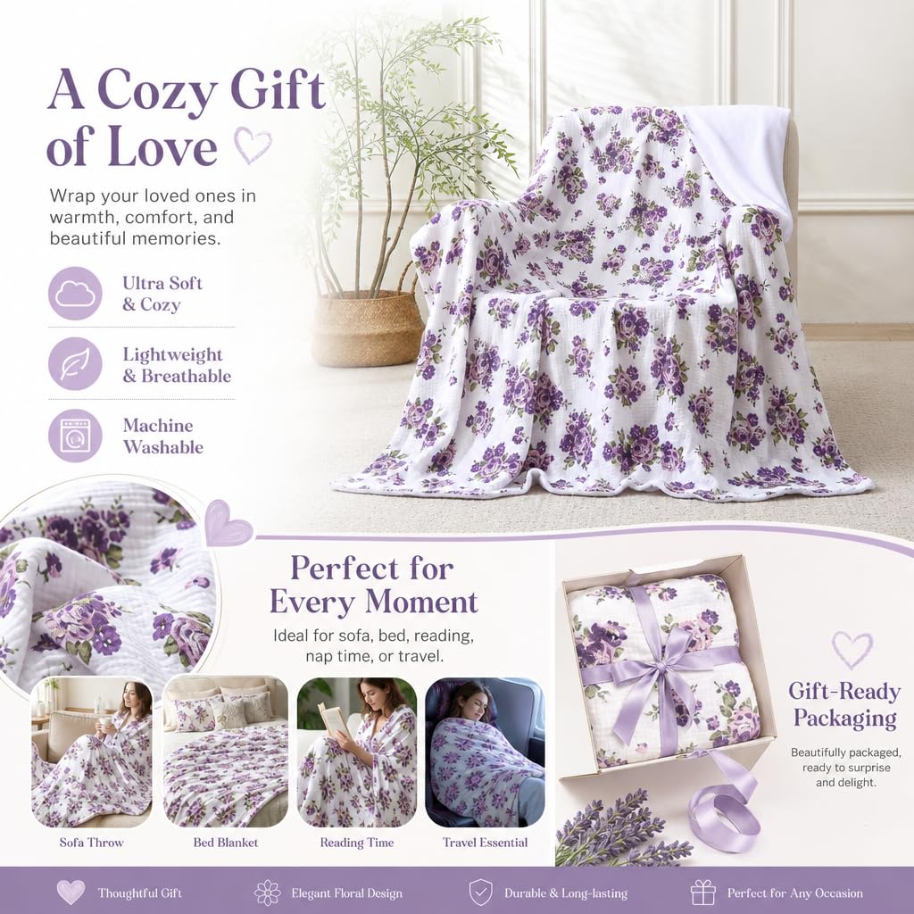 Muslin Blankets for Adults Reversible Throw Fleece & Gauze, Soft Cozy Lightweight Breathable Floral Blanket for Bed Couch, Double Layer Muslin Purple Rose Throw Cover 90"x90"