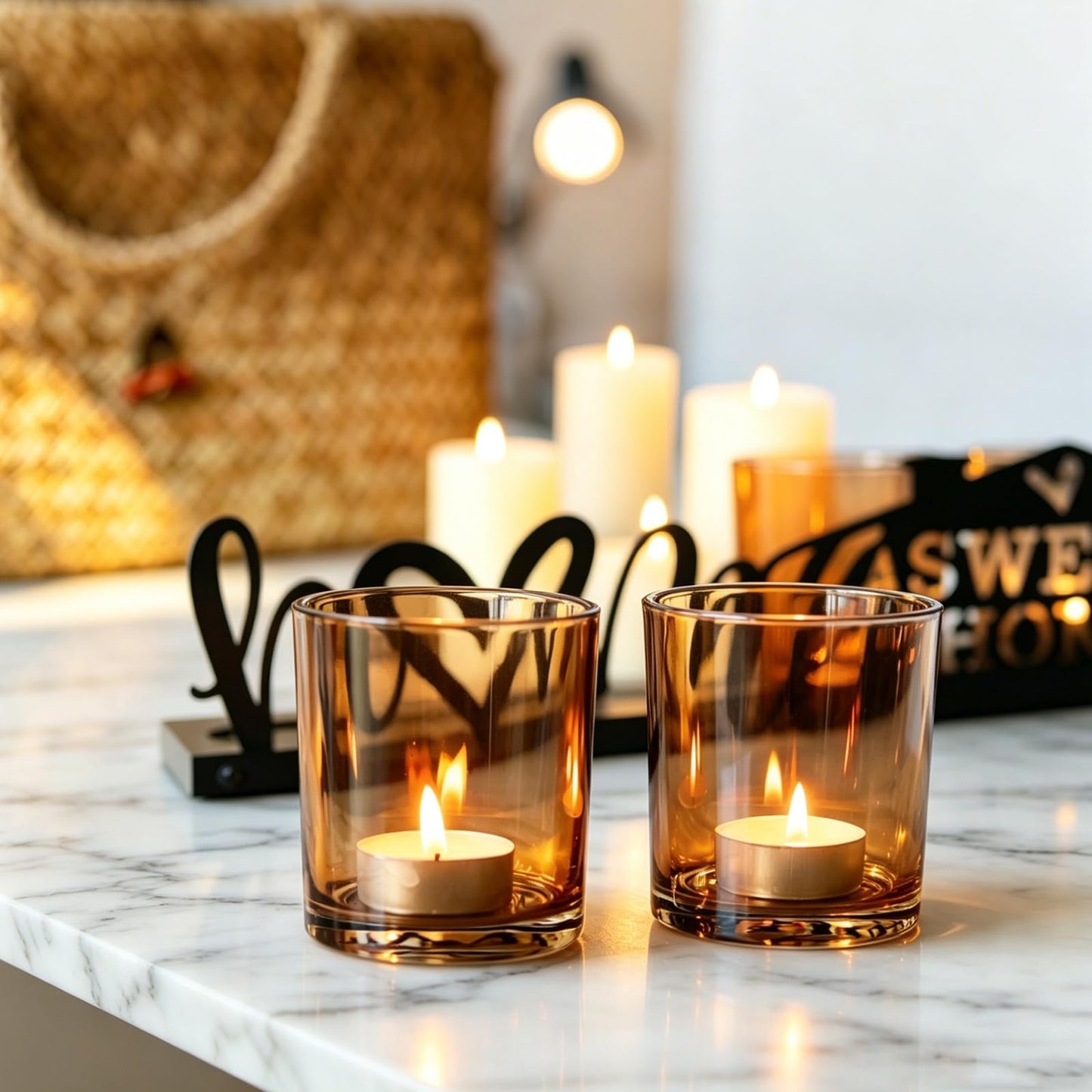 Amber Glass Candle Holder with Farmhouse Wood Tray, Sweet Home Tealight Holder Centerpiece for Dining Table, Rustic Metal Sign Votive Tray for Fireplace Mantel Living Room Decor Housewarming Gift