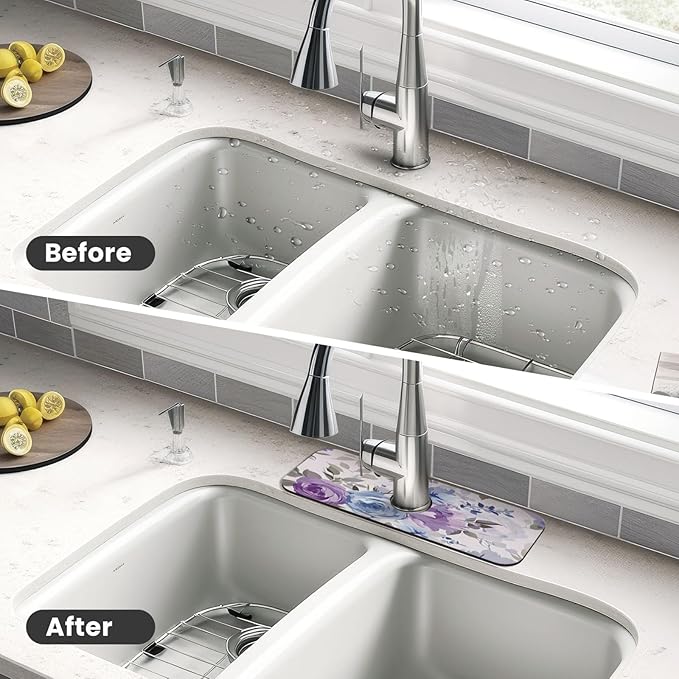 Lavender Flowers Kitchen sink faucet pad, strong water absorption, anti slip