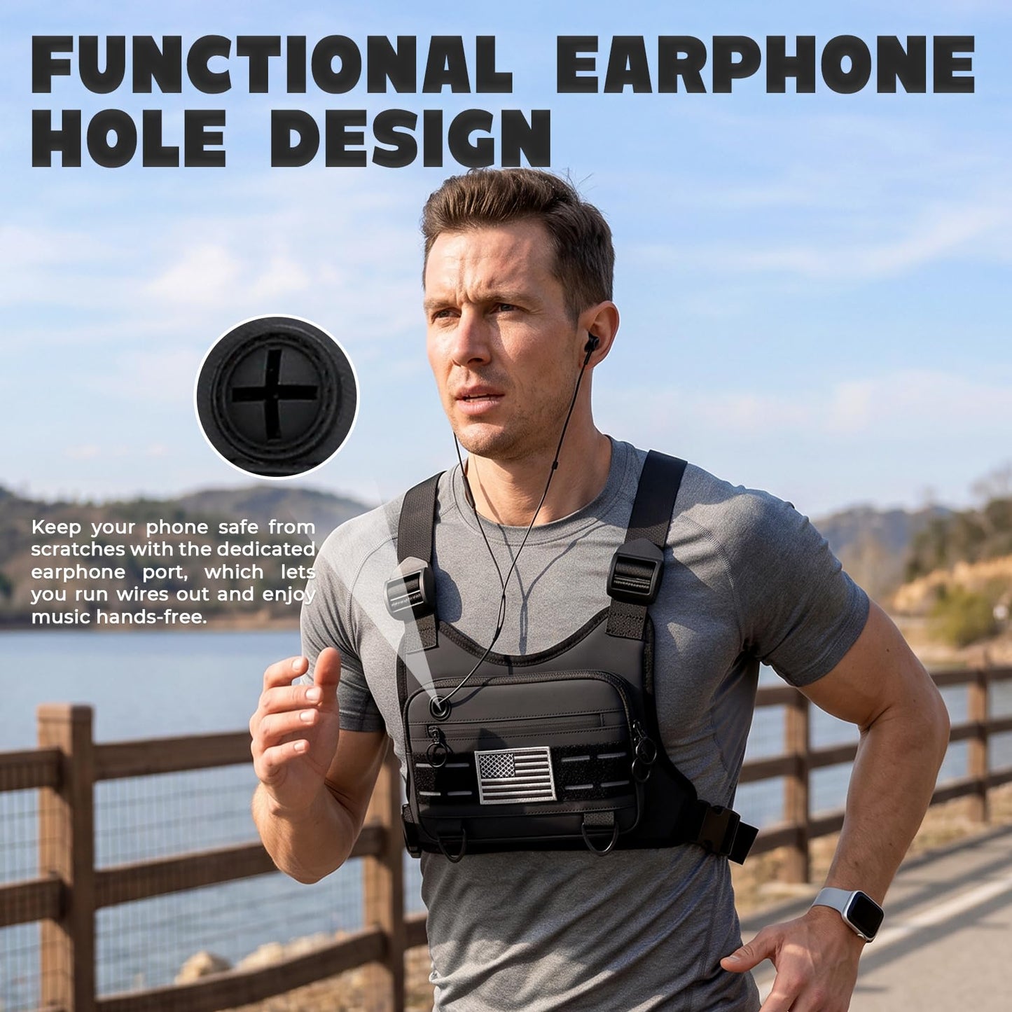 Muserise Sports Chest Bag For Men, Water Resistant Lightweight Front Running Vest Bag With Built-In Phone Holder & Extra Storage For Workouts, Cycling (Black)