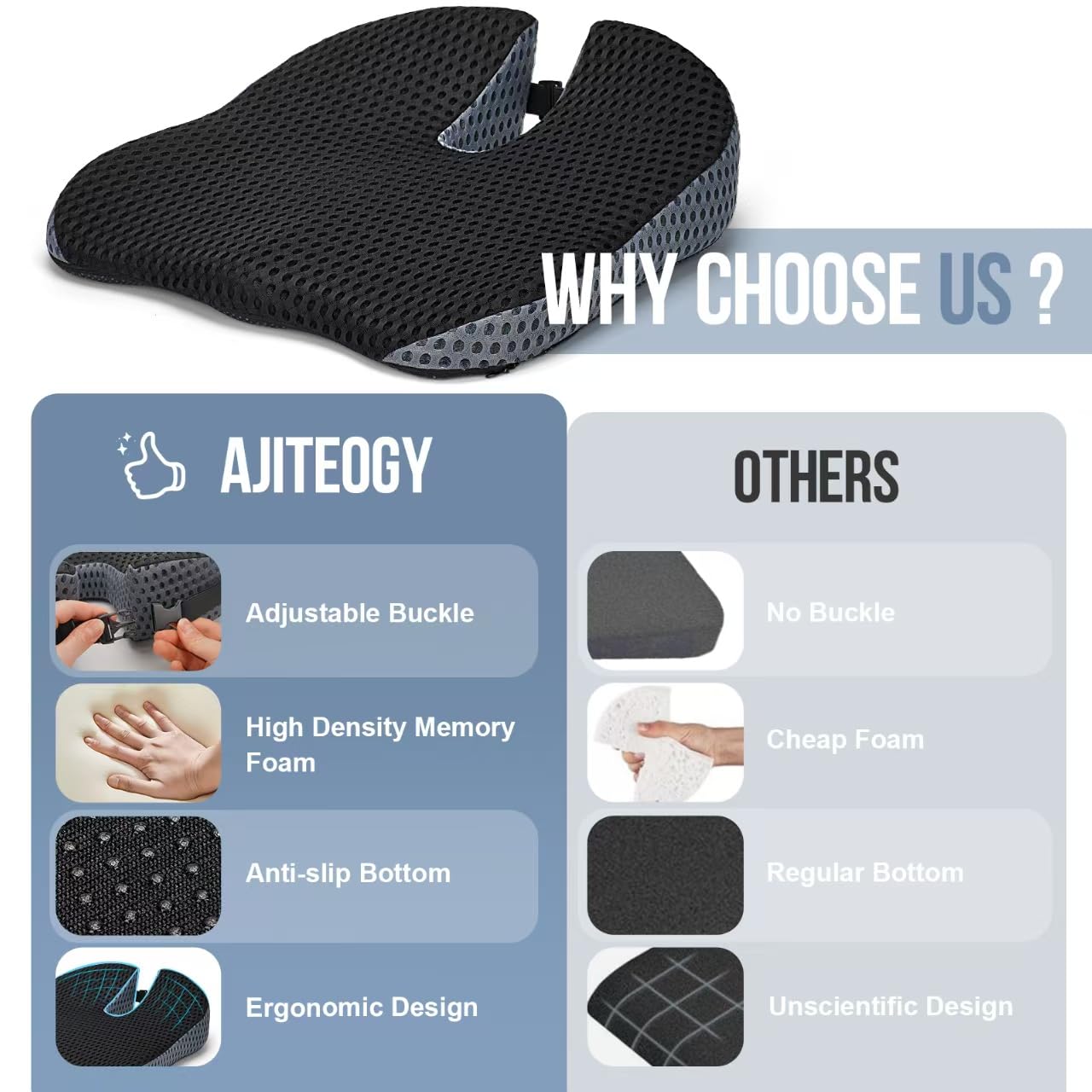 Ajiteogy Car Seat Cushion, Memory Foam Car Wedge Seat Cushion for Driving, Height Booster & Posture Support, 4D Mesh Seat Pad with Adjustable Straps - Universal Fit for Vehicle