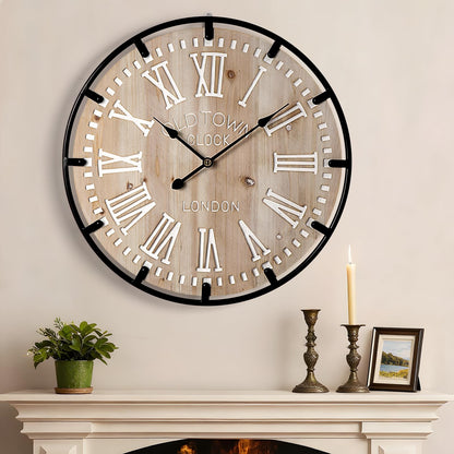 Vantic Farmhouse 30 Inch Extra Large Decorative Wall Clock with Metal Circle, Oversized Wood Wall Clock with Large Roman Numeral for Living Room, Bedrooms and Offices, Silent and Battery Operated