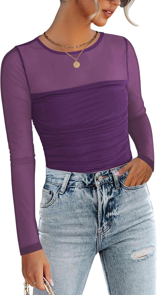 Zeagoo Long Sleeve Shirts for Women Sheer Mesh Sexy Blouses Fall Fashion Crewneck Going Out Tops