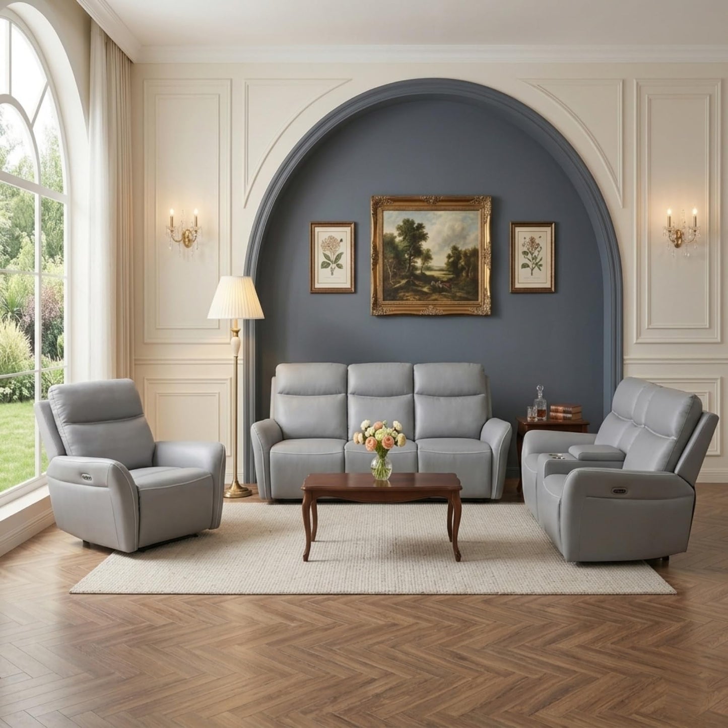 Trygoal Modern Power Recliner Sofa Set of 3, Breathable Faux Leather Home Theater Seating with Power Drop-Down Console, Wireless Charging & Storage Loveseat, Retro Vintage Furniture, Light Grey