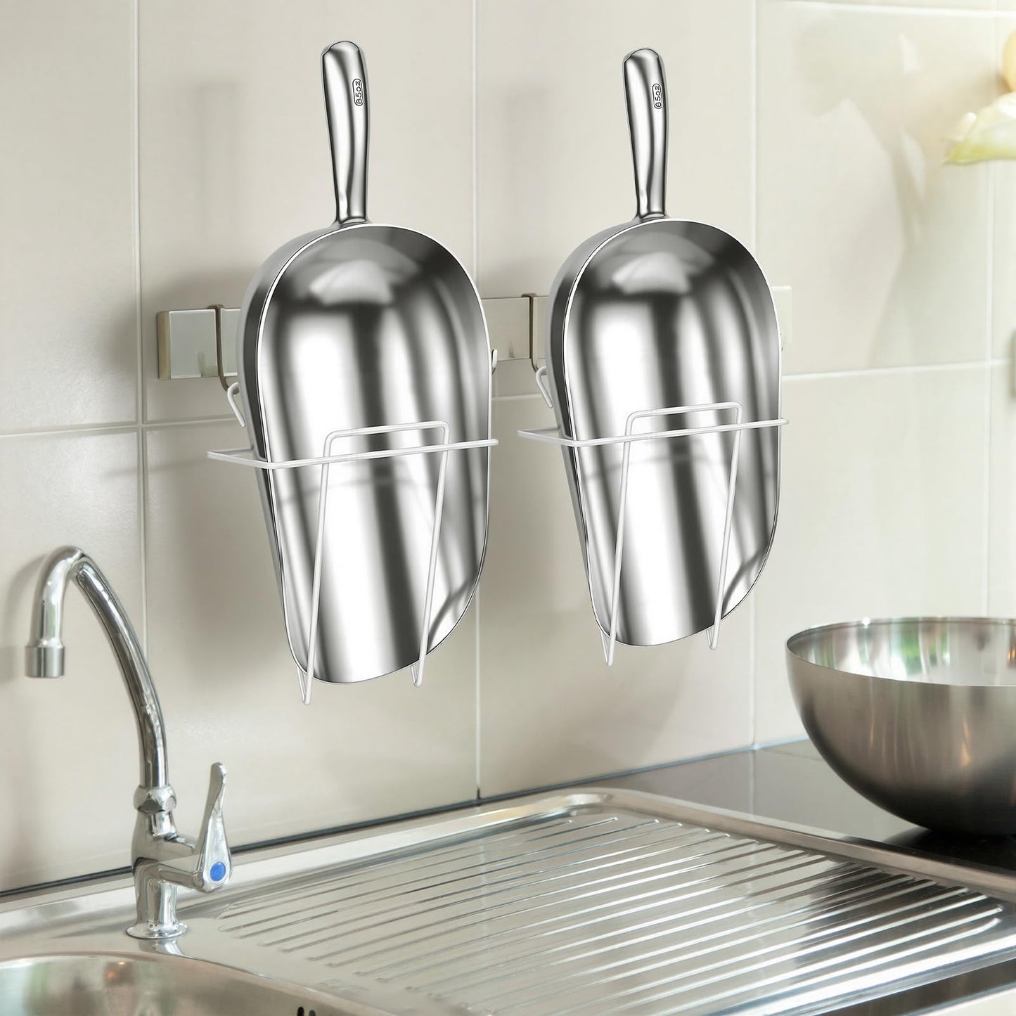 Teecyhooo 2 Set 85 oz Aluminum Ice Scoop with Holder Large Metal Utility Scoop Professional Grade Scooper for Ice, Flour, Candy, Sugar, Rice, Popcorn, Coffee, and Beans for Home or Commercial Kitchens