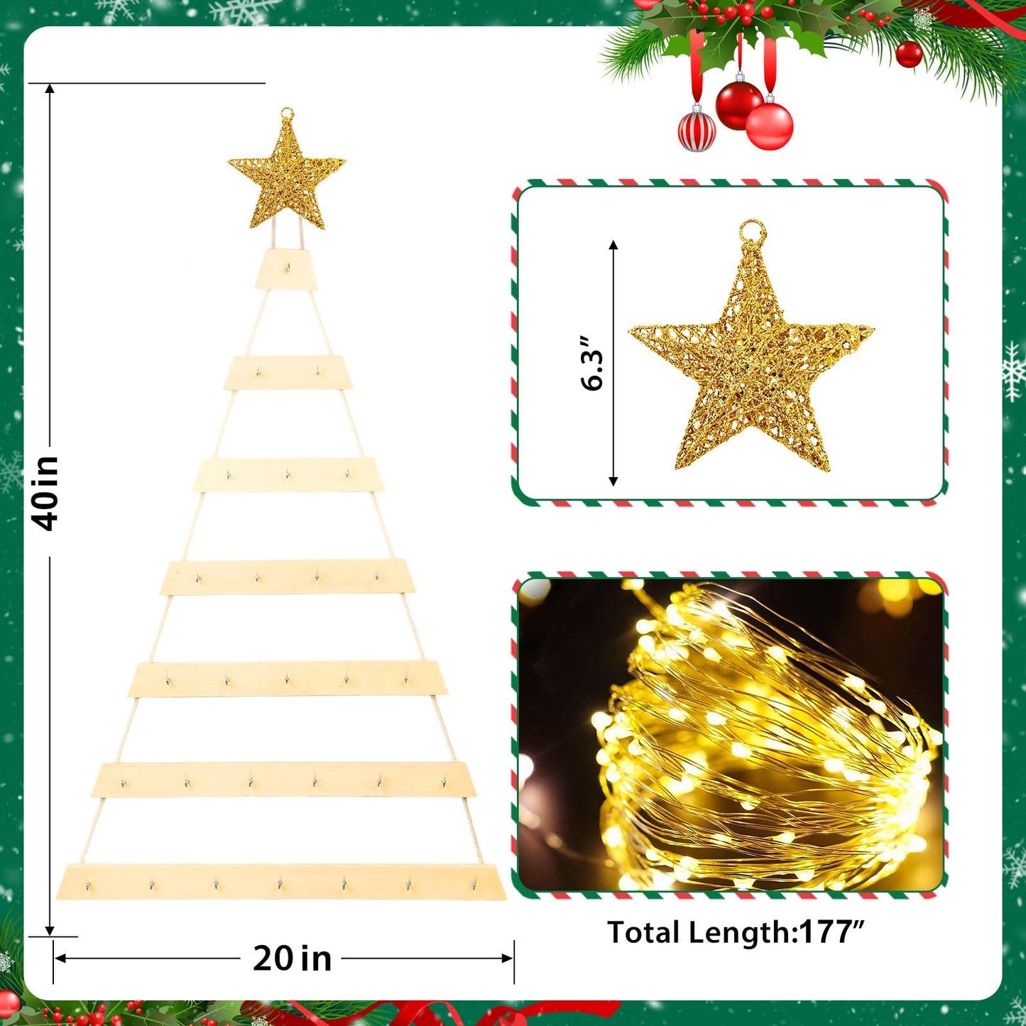 VAIPI 40 in Wall Hanging Christmas Tree with Lighted Christmas Wall Decor Wooden Flat Hanging Xmas Tree for Holiday 40'' x 20''