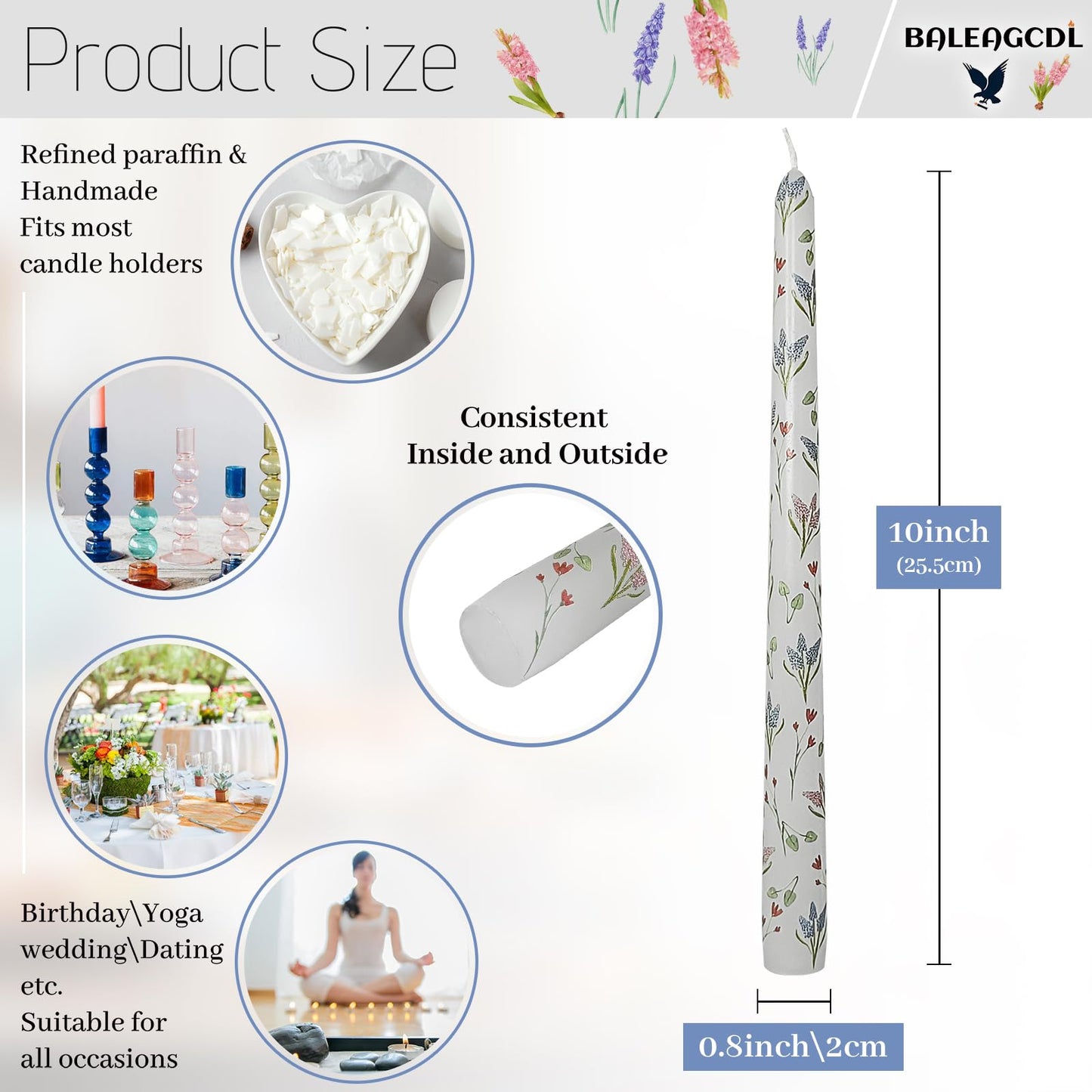 Spring Floral Candle Sticks 10 Inch Long Taper Candle Hyacinth Printed Tapered Candlesticks for Home Wedding Holiday Party Decor Set of 2