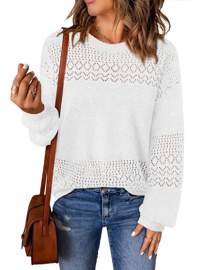 Lylinan Womens Sweaters Casual Boho Long Sleeve Shirts Crewneck Lightweight Crochet Tops Pullover Knit Sweater