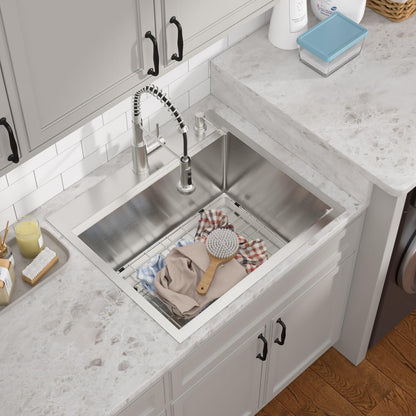 Talllor 25 Inch Drop In Laundry Sink with Faucet - 12" Deep Workstation 16 Gauge T-304 Stainless Steel Single Bowl Utility Sink with All-In One Accessories for Laundry Room, Outdoor, Garage #TLT-0063