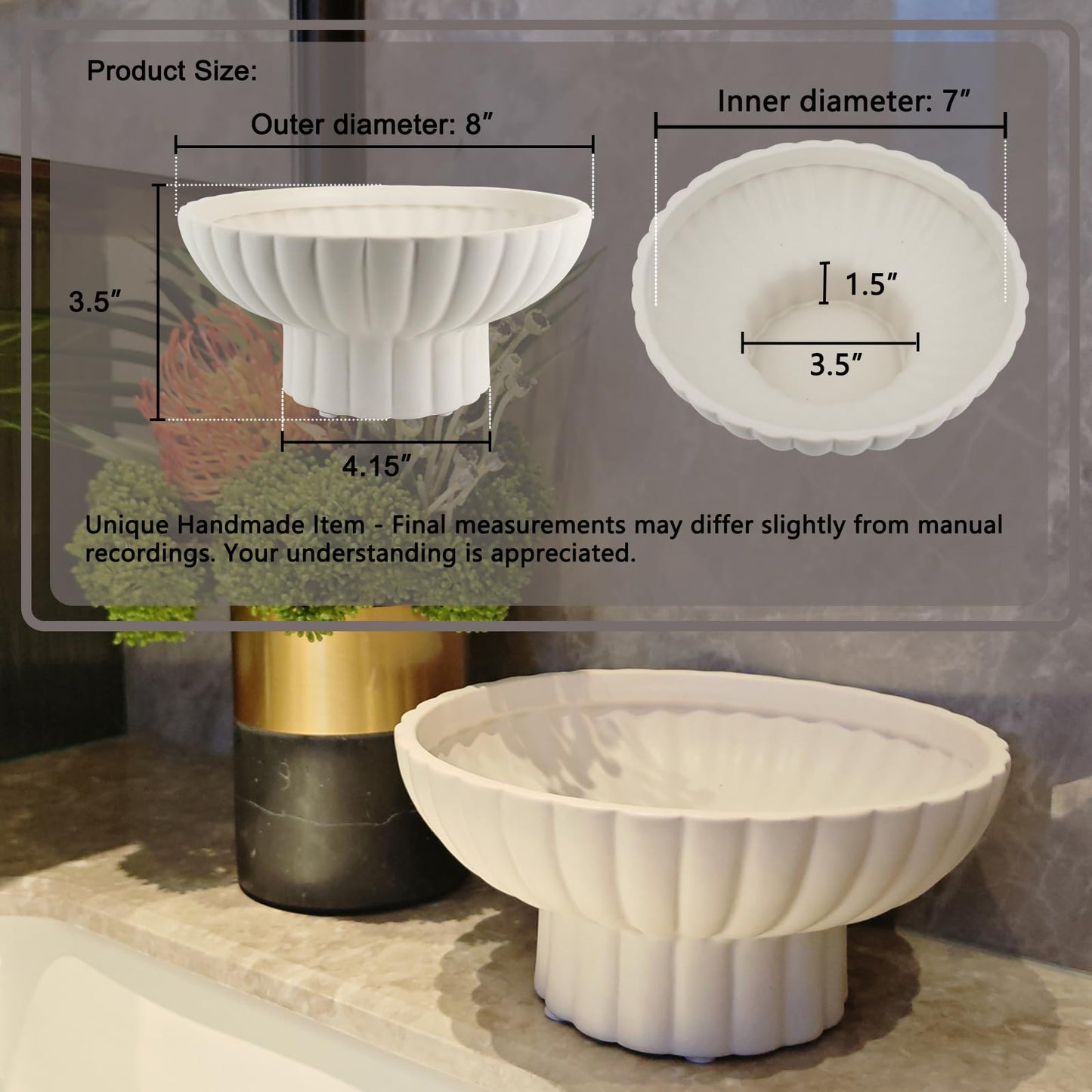 ALIWINER Small Modern Pedestal Decor Fruit Bowl 8" Ceramic,Approx 26 oz Fluted Catch-all Bowl,Footed Home Decorative Bowl for Home Decor,Coffee Table Centerpiece