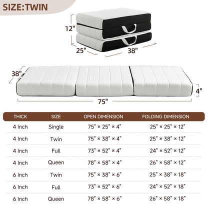 ROXGOX Foldable Mattress, Twin Tri-Fold Memory Foam Mattress Topper with Washable Cover, Handle & Non-Slip Bottom, 4 Inch Portable Folding Bed for Guest, Yoga, Living Room, Camping - 75"x38"x4"