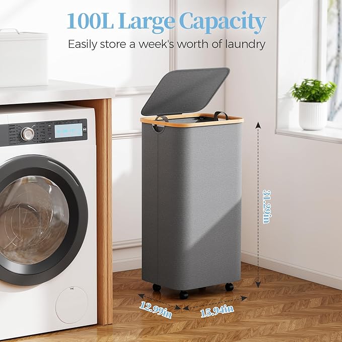 Yecaye 100L Large Capacity Laundry Hamper – Foldable Rolling Laundry Basket