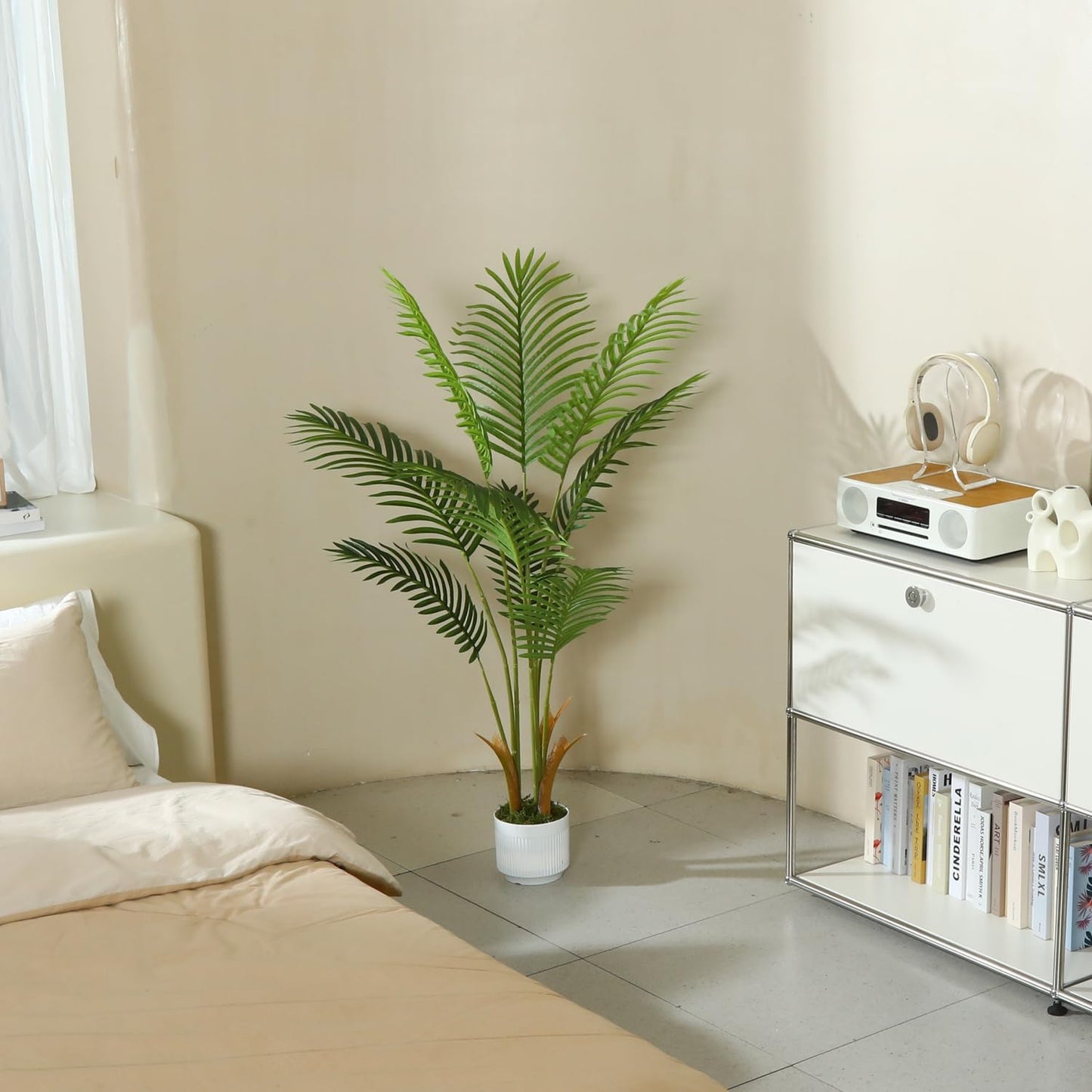 Artificial Palm Tree White Pot 4ft with Realistic Leaves and Adjustable Branches and 9 Trunks, Faux Plants Indoor Tall - Ideal for Home Decor in Living Rooms, Offices, and Bedrooms (4FT Palm Tree)