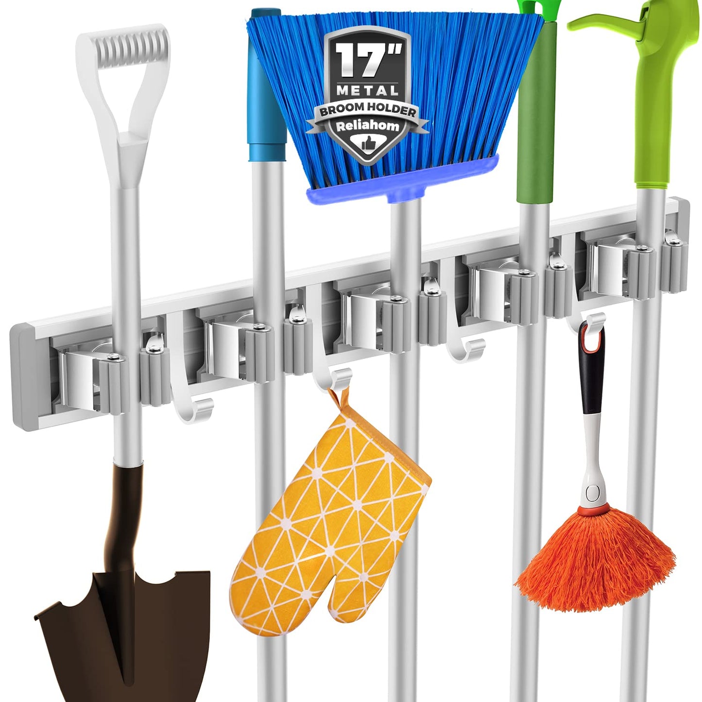 reliahom Broom Holder Wall Mount Mop and Broom Hanger Wall Mounted Garage Storage Rack Kitchen Garden Tool Organizer (4 Racks with 5 Hooks, Silver)