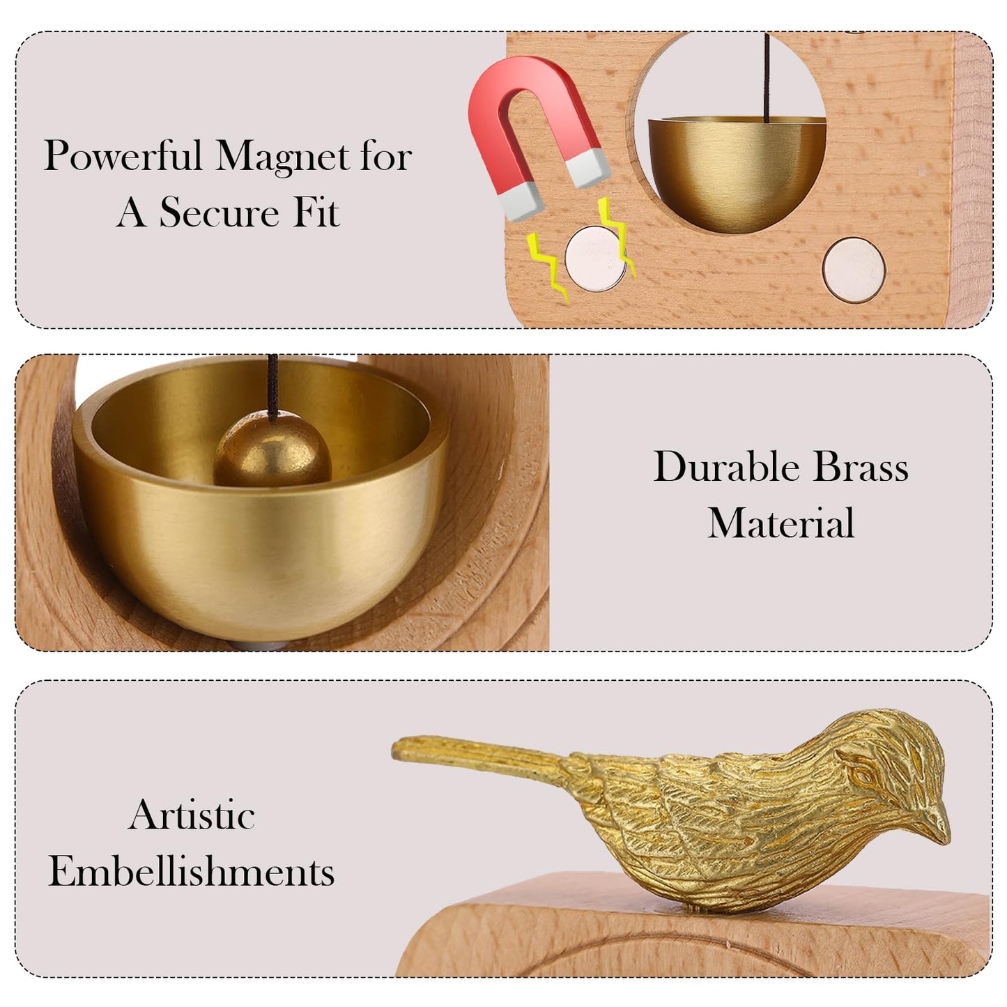 Magnetic Brass Bell for Door Opening (Beech Wood Prosperity Bird Door Chime)