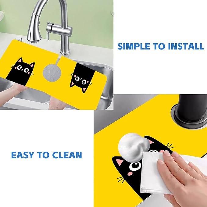 Cute Black Cat Head Kitchen Sink Splash Guard Mat Absorbent Fast Drying Mat