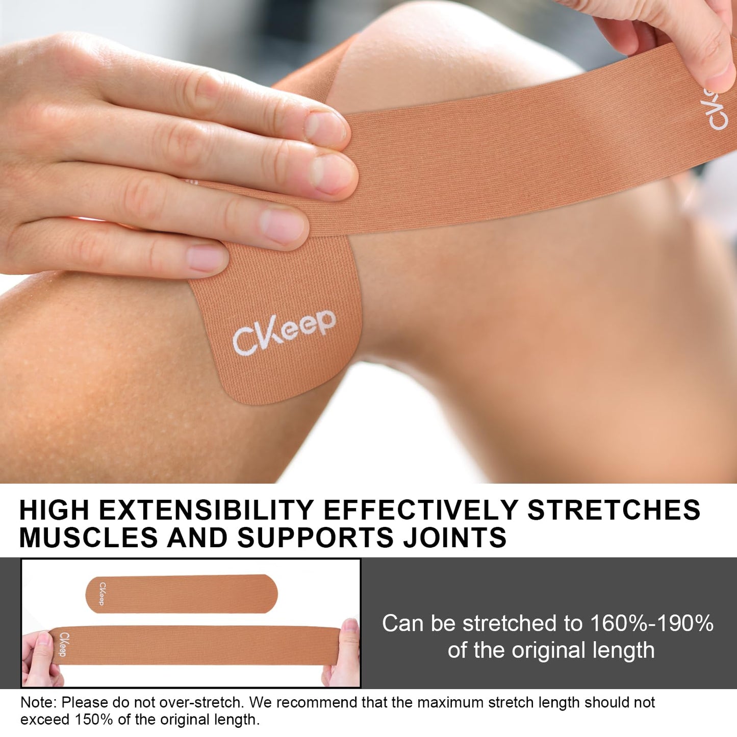 CKeep Kinesiology Tape, 2 Rolls Cotton Latex Free Hypoallergenic Elastic Precut Strips, 2 Inch Wide Waterproof Athletic Tape for Knees Pain Injuries Sprains, Beige