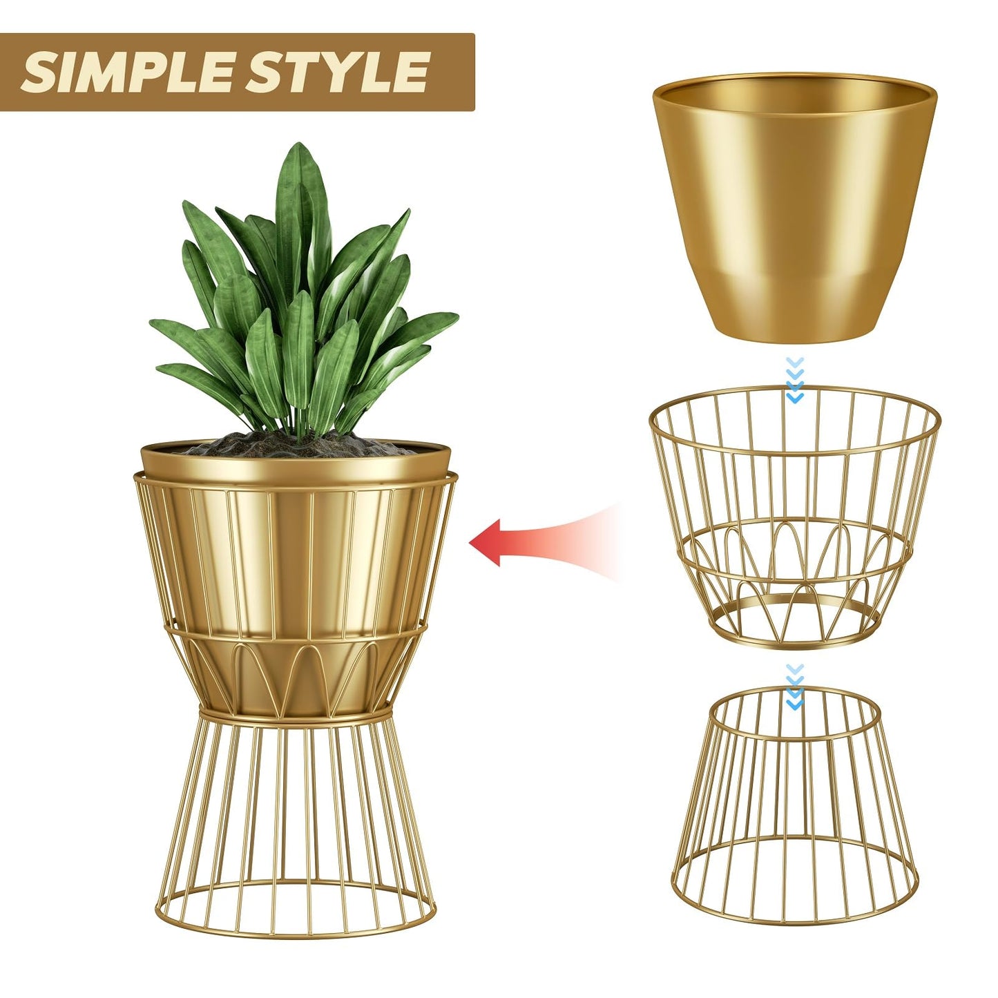 Ecomosita Planter with Stand Gold Metal Plant Pot with Stand - 12 Inch Unique Modern Flower Pots Indoor with Gold Plant Stand with Drainage, 2 Pack