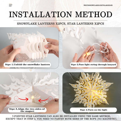 Winter Wonderland Snowflake Party Decorations, Christmas Hanging Decor, White Paper Star Snowflake Lanterns with Lights Paper Fans Garlands Set for Christmas Frozen Winter Birthday Wedding Party Decor