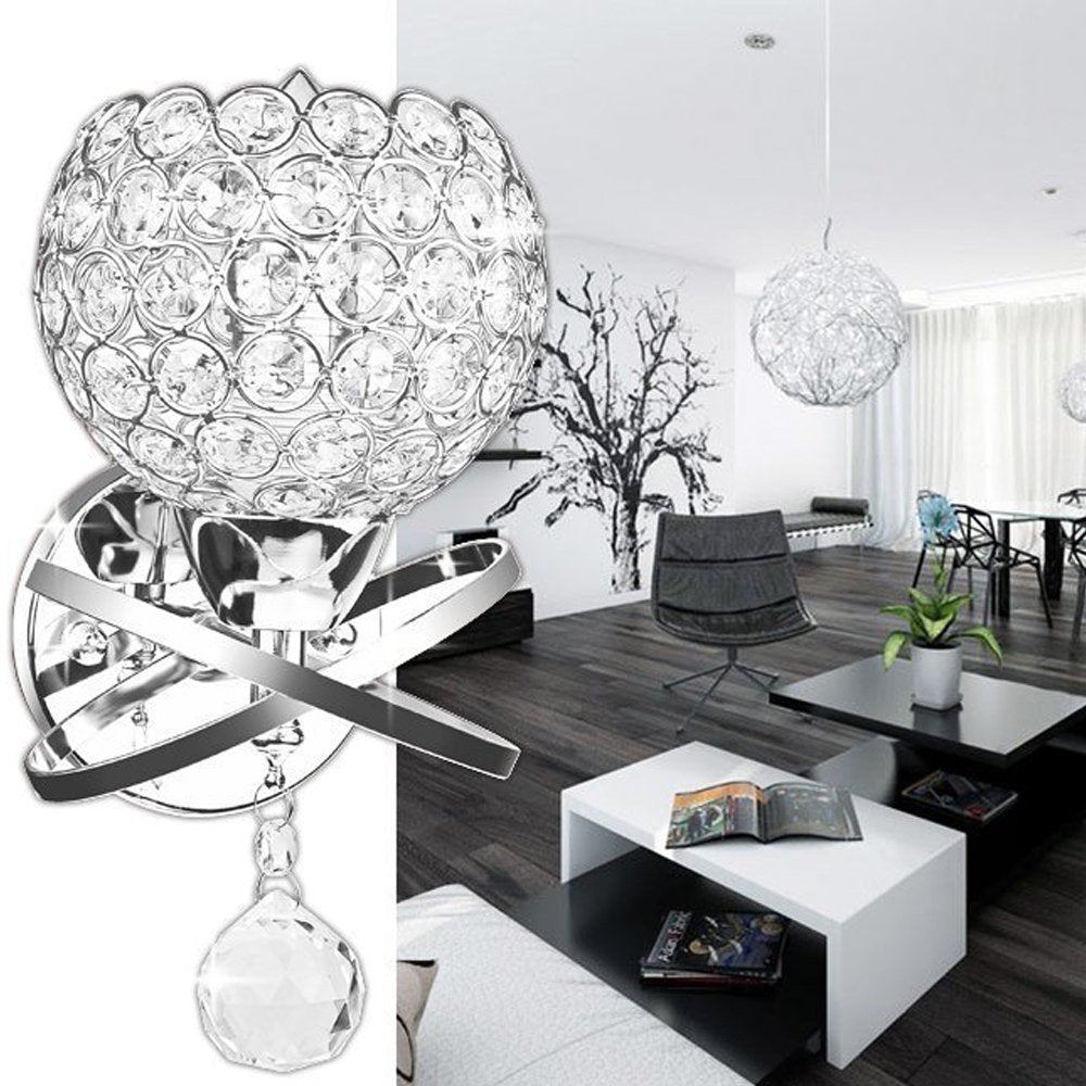 WeFoonLo Round Modern Crystal Wall Light Chrome Finish Bedroom Wall Sconce Lighting Fixture with Plug and Cord Switch, E26 Socket