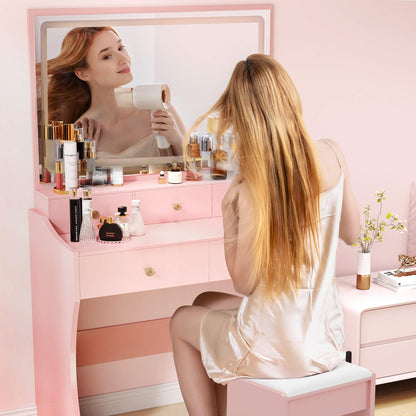 COMHOMA Makeup Vanity Desk with Mirror and Lights, Vanity Table and Chair Set with 5 Drawers and Charging Station, Bedroom Dresser LED Mirror Stepless Dimmable & 3 Color Modes Adjustable, White
