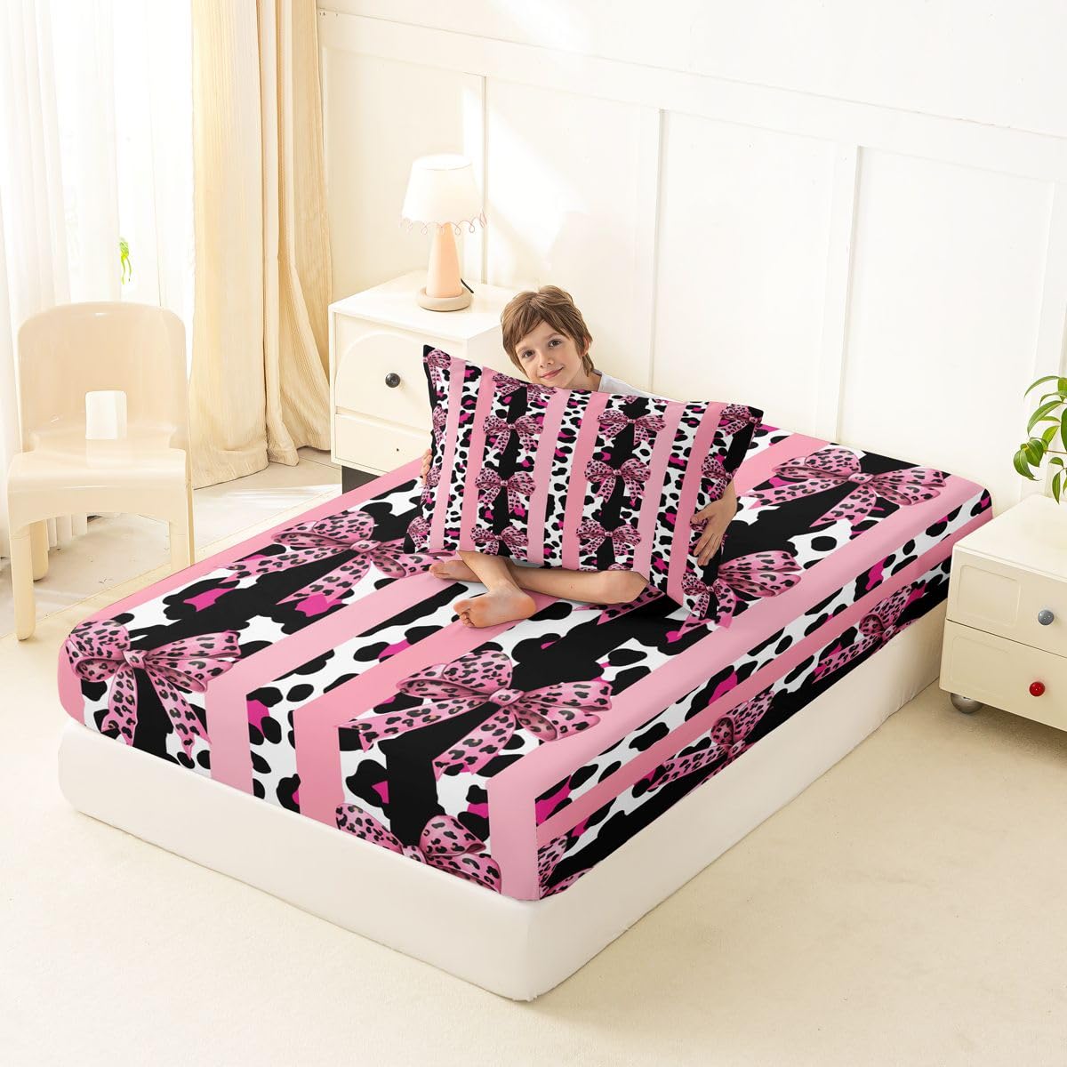 jejeloiu Pink Leopard Bow Fitted Sheet Twin Size for Kids Boys Girls Striped Coquette Bow Bed Sheets Set 16" Deep Pocket Soft Breathable Microfiber Leopard Bowknot Bedding with 1 Pillowcase Room Decor