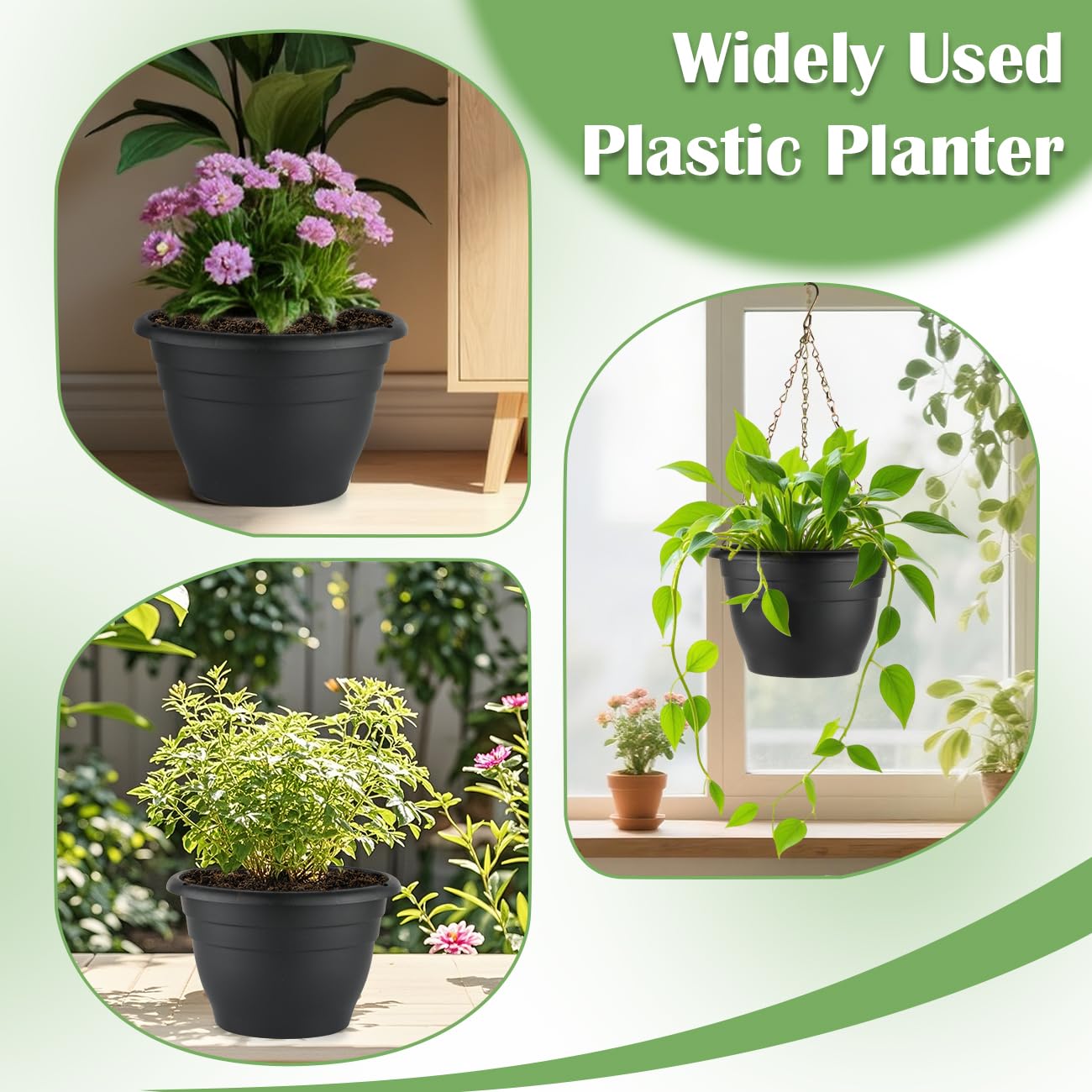 RooTrimmer 3 Pack 11 Inch Plant Pots for Indoor Outdoor,Plastic Floor Planters with Drainage Holes,Lightweight Durable Flower Pots for Home,Patio & Garden(Black)