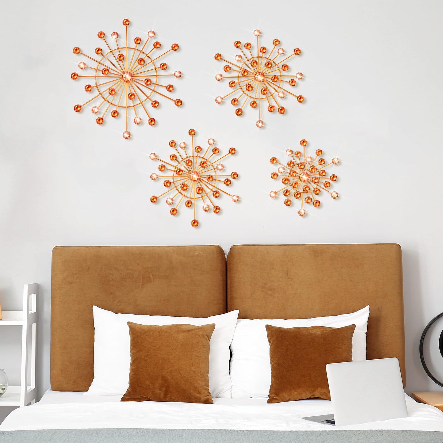 Blulu 4 Pcs Metal Wall Decor Bling Crystal Wall Art Cast Iron Rhinestones Sunburst Decor Starburst Art Hanging Diamond Accents Decorative for Living Room Bedroom Entryway (Orange)