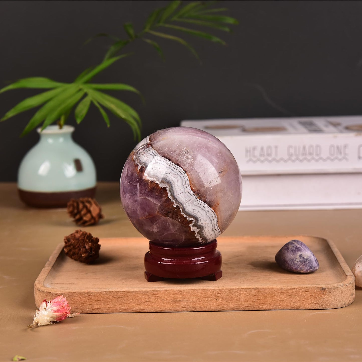 JIC Gem Amethyst Agate Crystal Ball with Wooden Stand Pink Healing Crystal Sphere Ball for Feng Shui Decor Spiritual Gifts 60-70mm