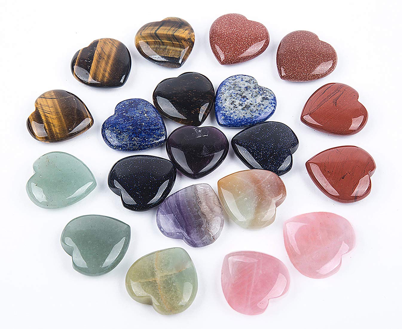 JIC Gem 20 pcs Mixed Crystal Heart Stones Heart Shape Chakra Stones 30mm Reiki Balancing Hand Carved Polished Palm Worry Stone Gift Jewelry Making and Collection