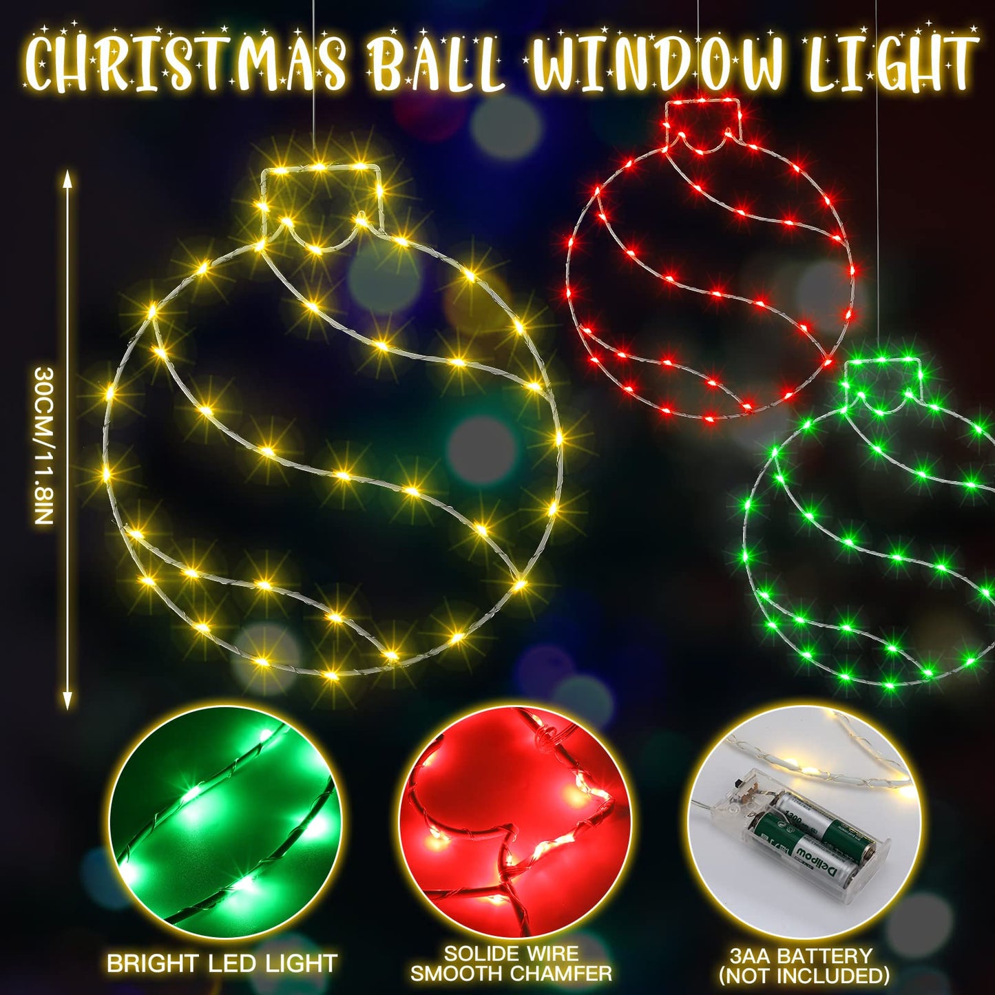 Jinei 3 Pieces 11.8 Inch Window Lights Christmas Ball LED Light Lighted Christmas Ball Window Lights with 50 Bulbs for Holiday Indoor Wall Door Decorations Red Dreen Gold(Ball)
