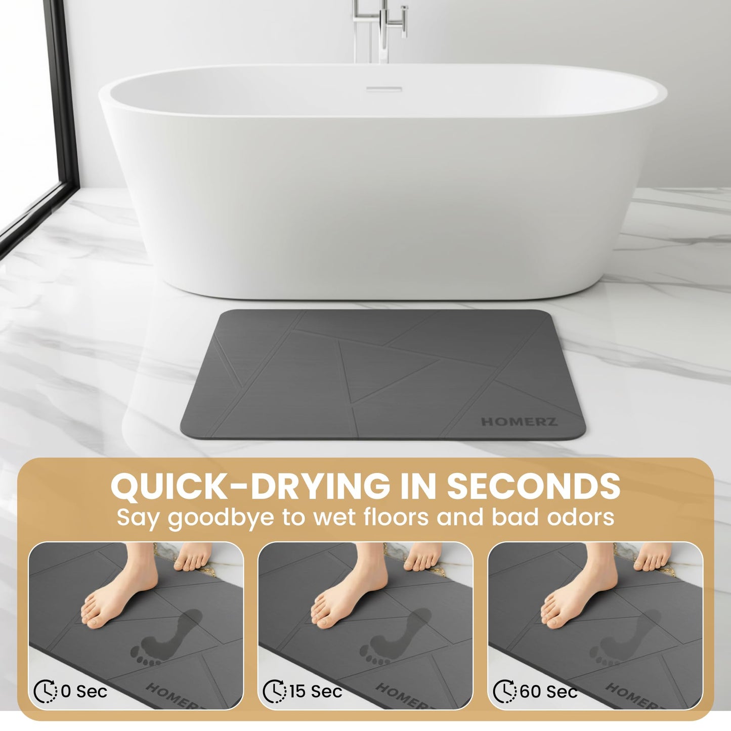 Homerz Stone Bath Mat – Premium Diatomaceous Earth Bath Mat, Rock Absorbent Bath Mats for Bathroom, Modern Stone Drying Mat, Shower Mat Outside Shower, Tapetes para Baño 23.6"x15.3" Gray