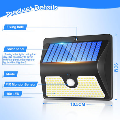 Security Lights Outdoor Motion Sensor - 150 LED Solar Powered Security Light Outside Garden Fence Waterproof Wall Lighting 3 Modes Solar Pir Lights Front Door Yard Garage