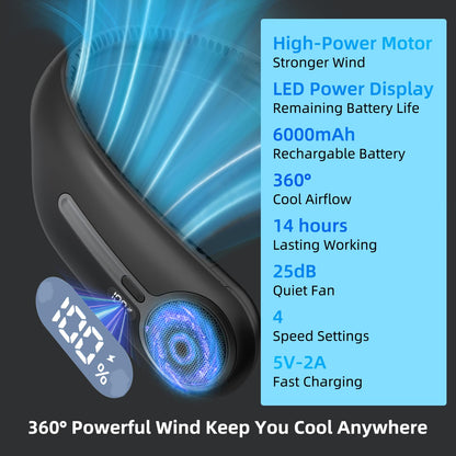 Portable Neck Fan,Hands Free Personal Wearable Bladeless Fan,6000mAh USB Rechargeable,360° Cooling,LED Display,4-Speeds,Birthday Gifts for Men Women Dad Mom,Fathers Day,Mothers Day Gifts (Black)