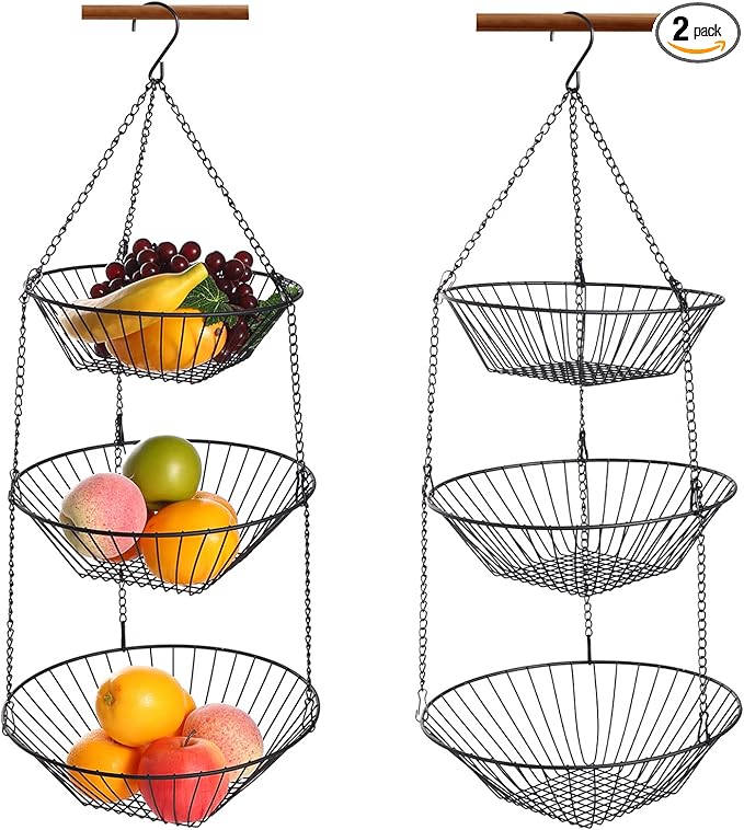 3-Tier Wire Fruit Hanging Basket 2 Packs, non-Punching Wall Hanging Storage